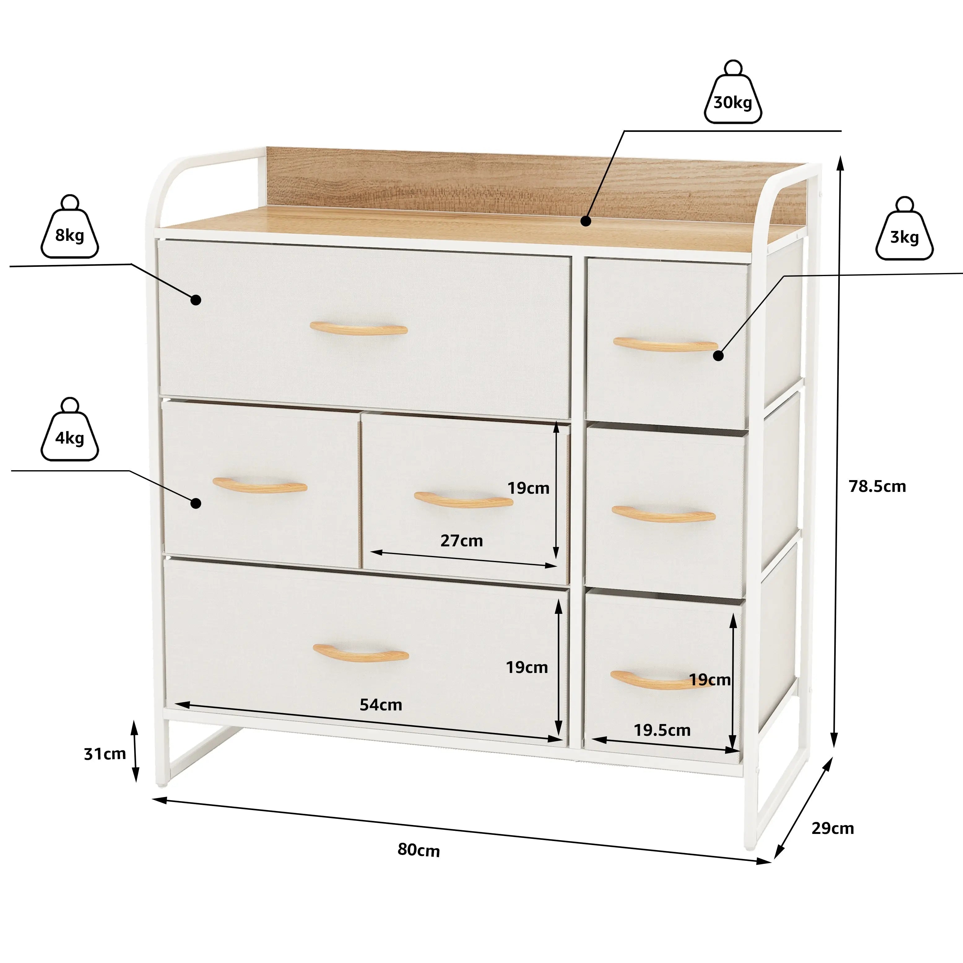 Cómoda de gran capacidad de 7 cajones almacenamiento para hogar y oficina, organizador cajonera de estructura metal y cajones de tela lino poliéster y tela no tejida MU:4LIFE