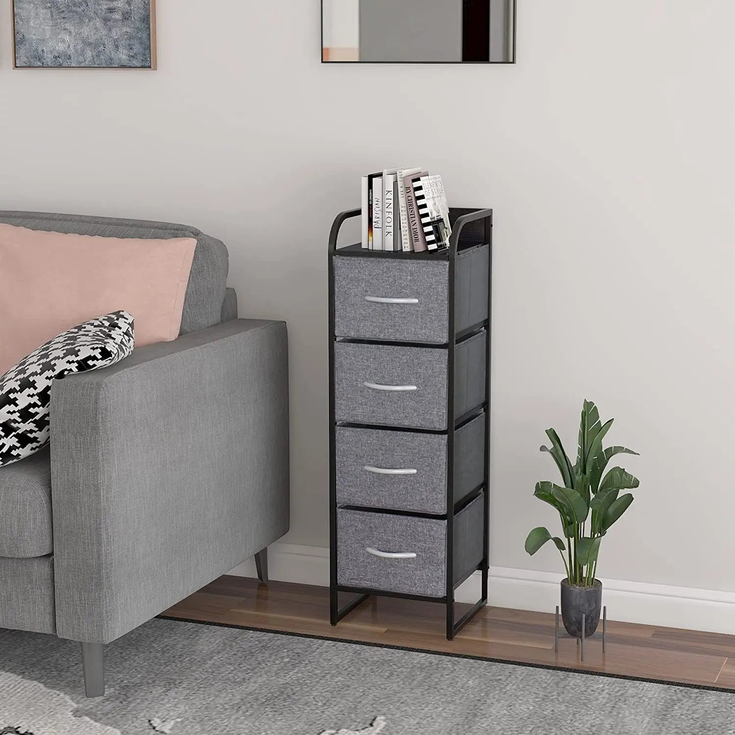 Cómoda compacta de 4 cajones almacenamiento para hogar y oficina, organizador cajonera de estructura metal y cajones de tela lino poliéster y tela no tejida MU:4LIFE