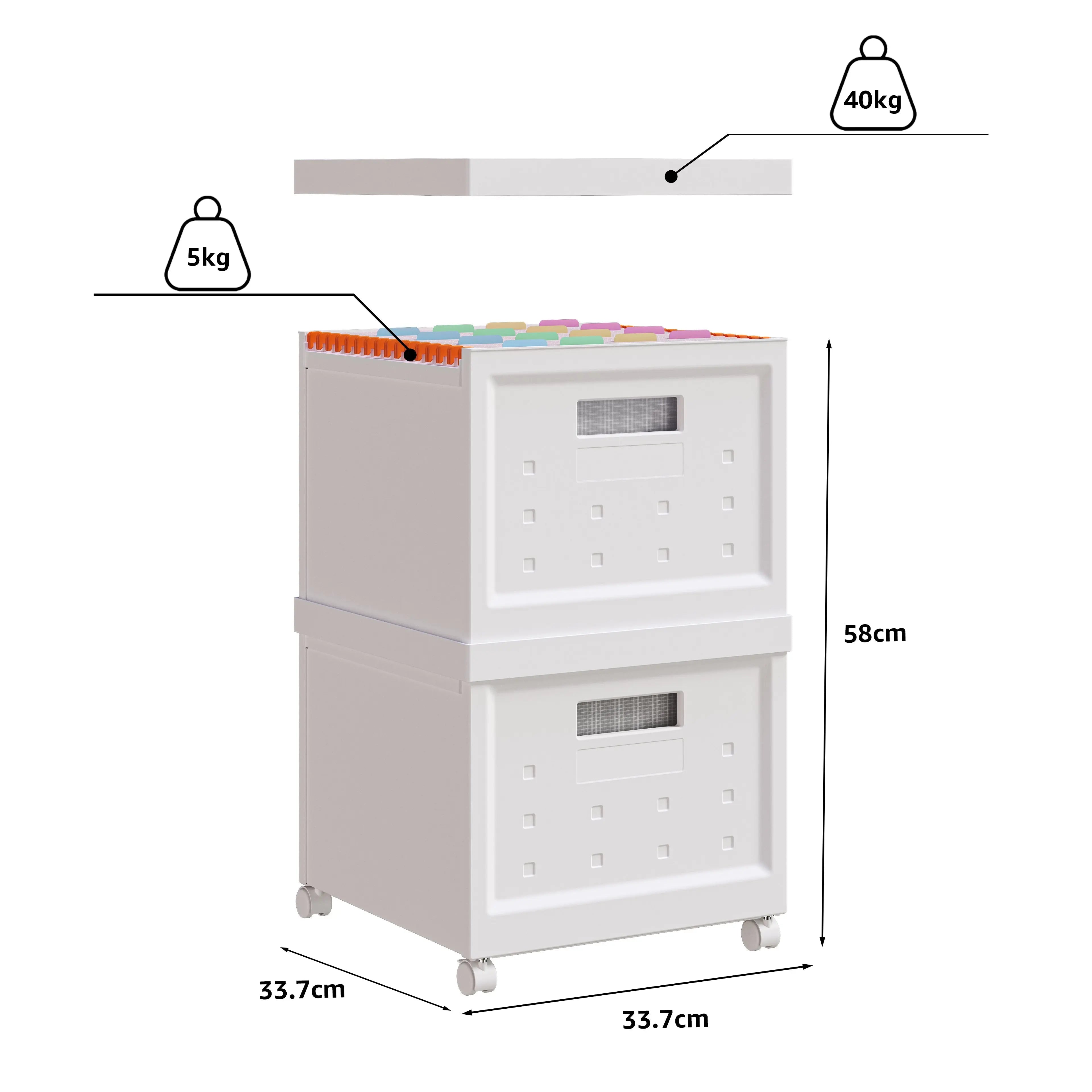 Set de 2 cajas de almacenamiento de archivo con ruedas, tapa y carpetas plásticas colgantes de tamaño carta, archivero organizador con caja individual y plegable MU:4LIFE