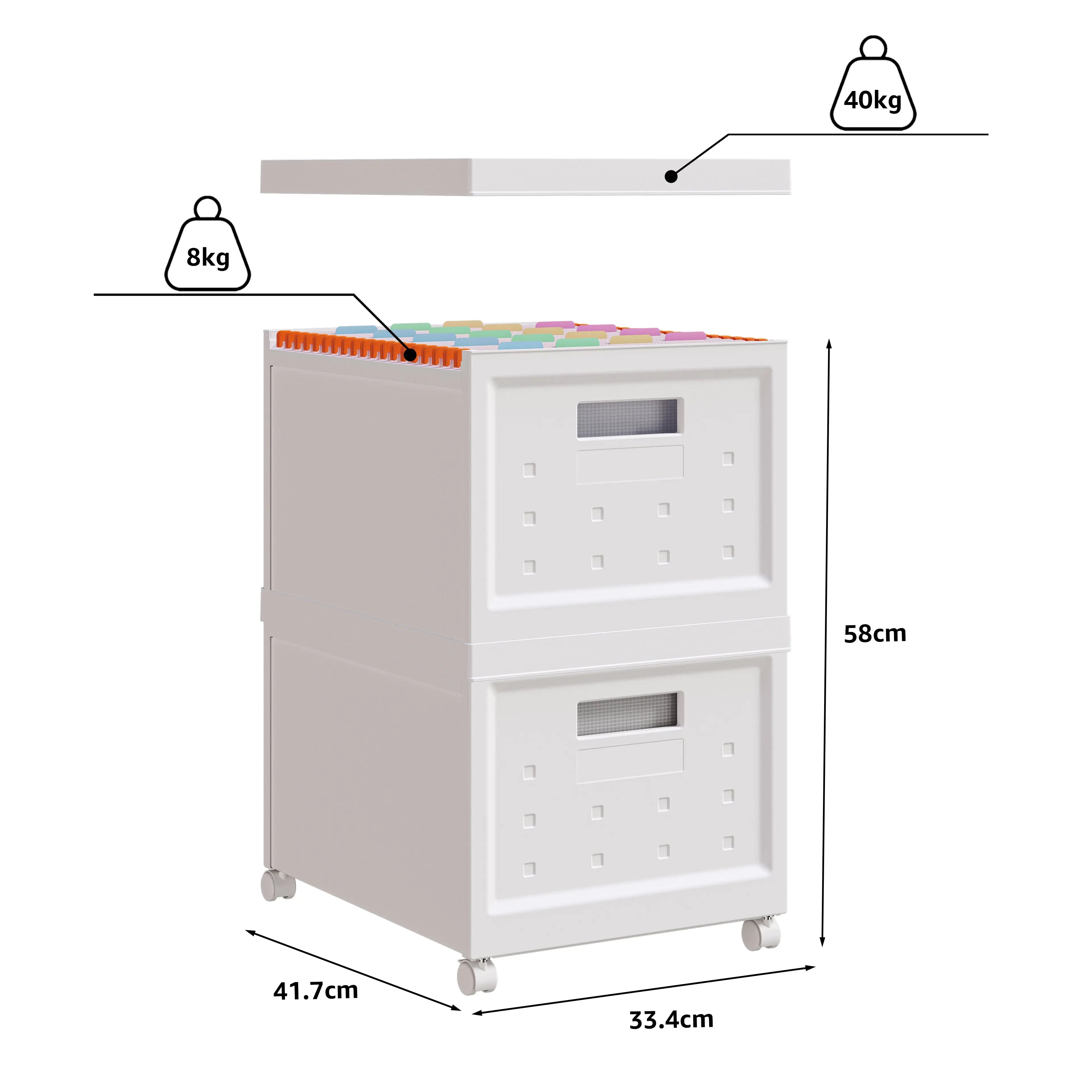 Set de 2 cajas de almacenamiento de archivo con ruedas, tapa y carpetas plásticas colgantes de tamaño carta, archivero organizador con caja individual y plegable MU:4LIFE