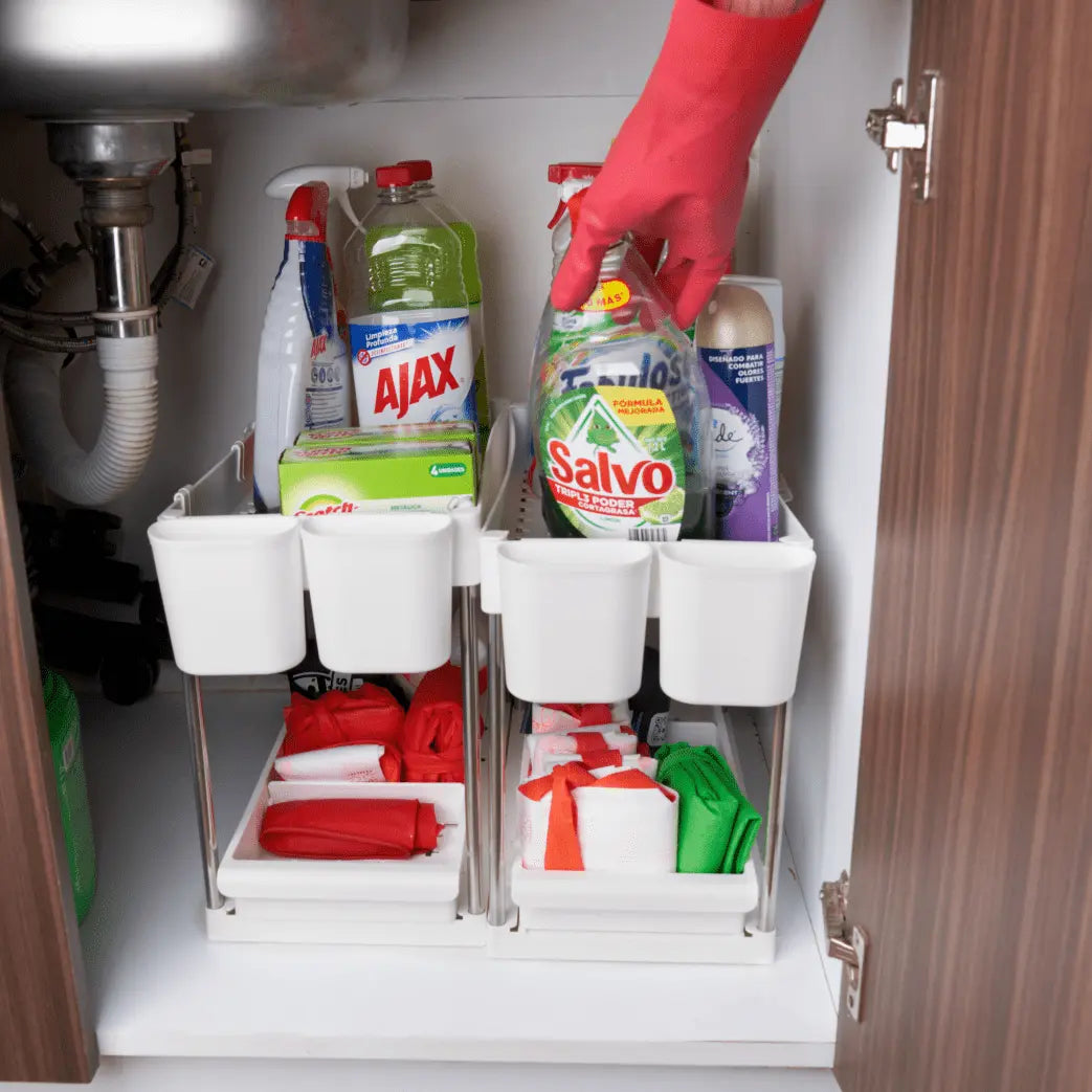 Set de 2 organizadores estantes deslizante y con tazas colgantes, Organizador para debajo del fregadero y lavabo, almacenamiento para cocina baño sala y oficina MU:4LIFE